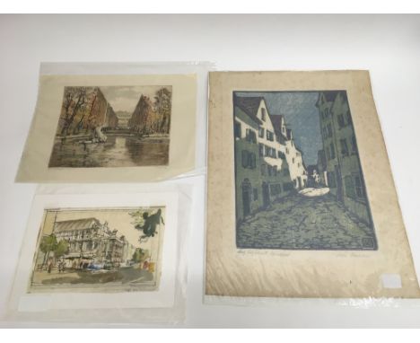 A Continental woodblock print and two sketches (3) - NO RESERVE