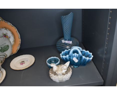 A variety of vintage blue glass including vase, basket and trinket dish,also included is a Staffordshire style lidded pot wit