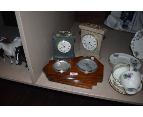 Two stone cut mantle clocks and a similar Edwardian Weather station or barometer