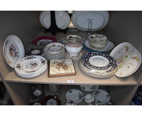 A selection of antique and later plates including a Mintons framed tile no. 2863