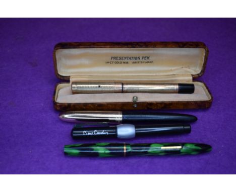 A selection of fountain pens, a rolled gold presentation leverfill pen, an New Bond Easiflow leverfill fountain pen, a Scroll