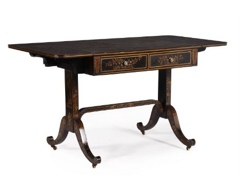 A BLACK JAPANNED AND GILT CHINOISERIE DECORATED SOFA TABLE CIRCA 1815 AND LATER DECORATED74cm high, 137.5cm wide (with leaves