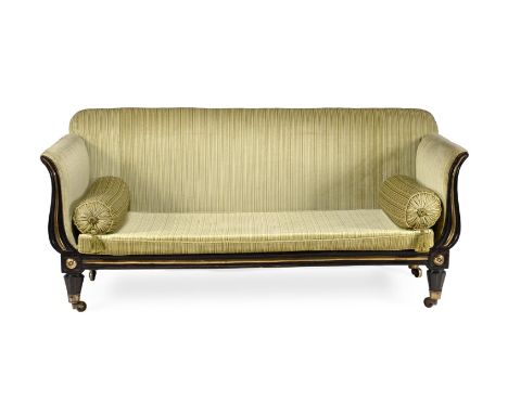 A REGENCY EBONISED AND BRASS MOUNTED SOFA IN THE MANNER OF MARSH & TATHAM, CIRCA 182092cm high, 202cm wide, 79cm deep overall