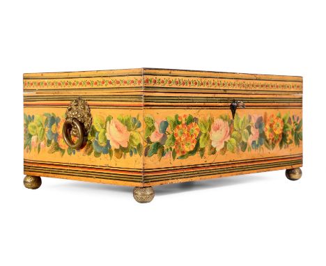 Y AN EARLY VICTORIAN PAINTED SATINWOOD SEWING BOX MID 19TH CENTURY The top with lithographic print by Rosenberg after Strutt 