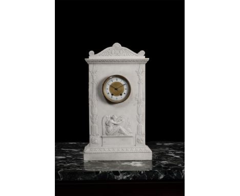 A CONTINENTAL CARRARA MARBLE CASED CLOCK IN THE MANNER OF BERTEL THORVALDSEN, EARLY 19TH CENTURY The case of architectural fo