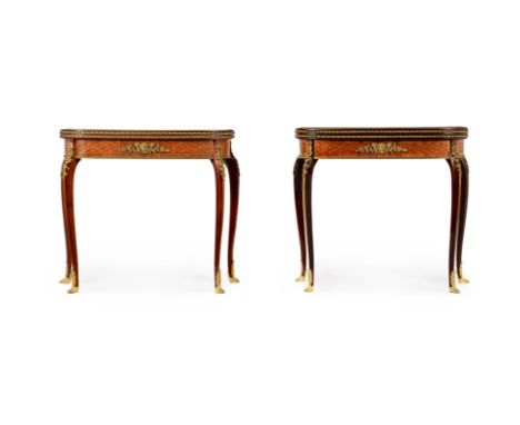 Y A MATCHED PAIR OF FRENCH MAHOGANY, KINGWOOD CROSSBANDED AND PARQUETRY CARD TABLESATTRIBUTED TO FRANCOIS LINKE, LATE 19TH CE