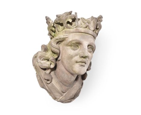 AN ARTIFICIAL STONE WALL BRACKET  IN THE MANNER OF COADE  Depicting a crowned medieval style female head, flat top, apparentl