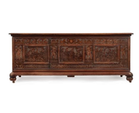 AN ITALIAN CARVED AND POKERWORK DECORATED CHEST OR CASSONE 16TH CENTURY AND LATER Decorated throughout with scenes of figures