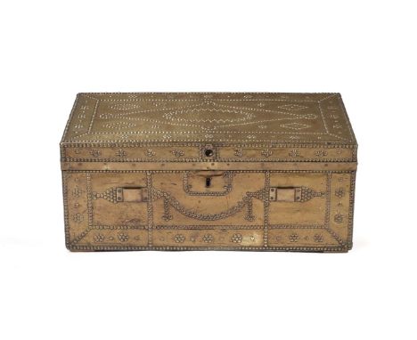 A GEORGE III BRASS AND STUDDED TRUNK LATE 18TH CENTURY/EARLY 19TH CENTURY With label to interior for 'JAMES WYER, ORIGINAL MI