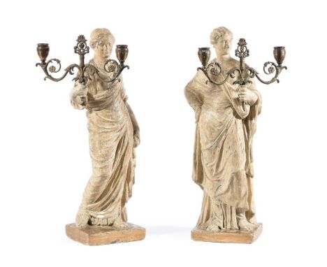 A PAIR OF PLASTER FIGURAL CANDELABRA IN THE MANNER OF HUMPHREY HOPPER, 19TH CENTURYModelled as classical vestal female figure