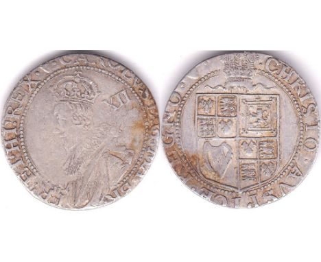 Charles Ist Shilling, Tower mint, plume over shield mm heart (1629-30) Spink 2185. About very fine, good detail on portrait, 