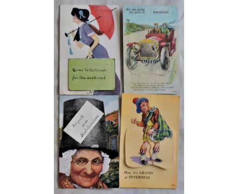 Noverity Pull out postcards-Bristol Culler coats, Inverness and Hollywell, attractive colourful lot, vintage motor etc(4)