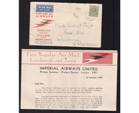 Aviation 1922-Imperial Airways, first flight England-South Africa-9d KGV stamp - a little grubby, but with imperf, Airways le