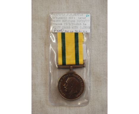 Territorial Force War Medal-named to 1644 PTE H.R.Martin Manch R, who was commissioned and awarded the MC with the Royal Warw
