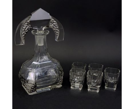 Czech Art Deco Crystal Six Piece Decanter Set. Includes: decanter and five cups. Unsigned. Decanter with stopper measures 9-1