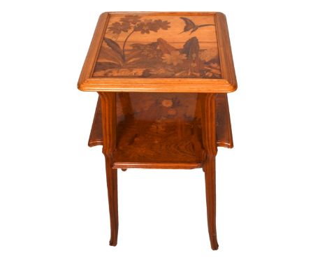 Emile Galle, French (1846-1904) Art Nouveau Two Tiered Inlaid Side Table. Signed to top. Butterfly and and flowers Marquetry.