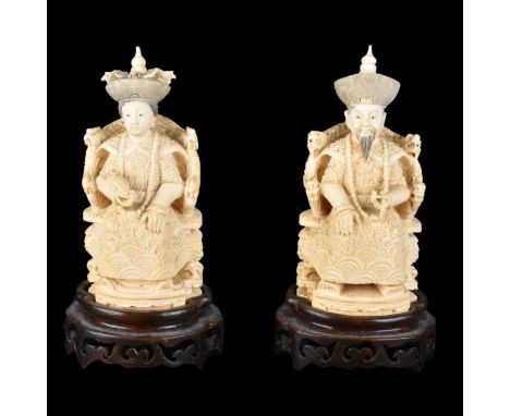 Pair of Chinese Carved Ivory Emperor and Empress Figurines on Wooden Bases. Signed. Male figure measures 5-3/4" H, female fig