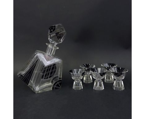 Czech Art Deco Crystal Decanter Six Piece Possibly By Karl Palda. Unsigned. Includes: decanter and 5 cups. decanter measures 