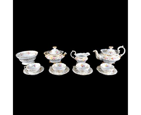 Eight (8) Piece JP Porcelain Tea Set. Includes: Tea pot, creamer, covered sugar, waste bowl, 4 cup and saucer sets. Signed. T