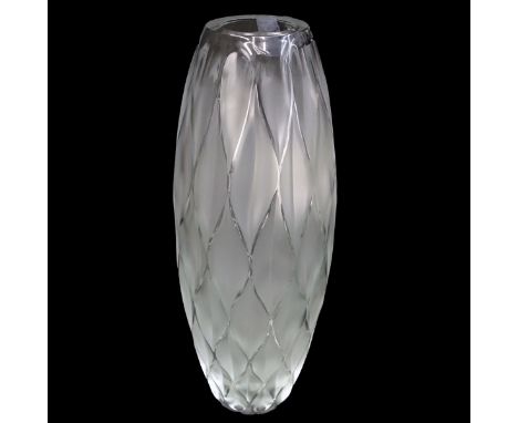 Lalique "Vibration" Frosted Crystal Vase. Signed "Lalique France" to base and has original stick label attached to surface. M