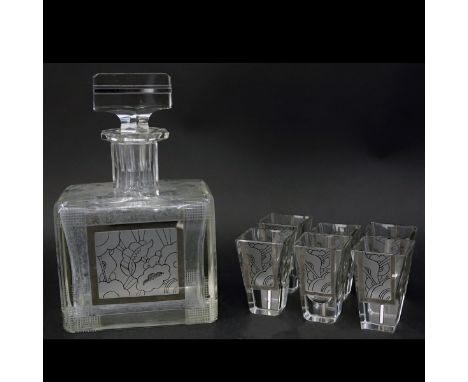 Czech Art Deco Crystal Seven Piece Set. Unsigned. Includes: decanter and six cups. Measures 9-1/8" H, cups measures 3" H. Dom