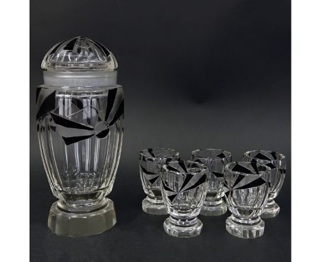 Czech Art Deco Crystal Decanter Six Piece Possibly By Karl Palda. Unsigned. Includes: covered jar and 5 cups. Jar measures 8-
