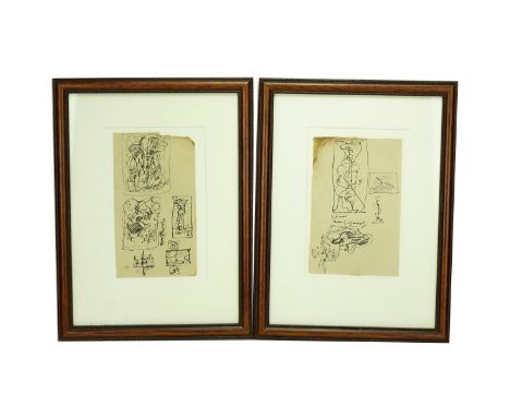 Alfred Gwynne Morang, American (1901 - 1958) Three Ink Drawings on Paper, Two Abstract Scenes and a Portrait. Largest frame m