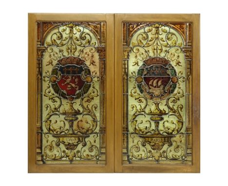 Pair of Vintage Stained Glass Window Panels with Coat of Arms Motif. Measures 45-1/4" H x 25" W. Domestic Shipping: Third par