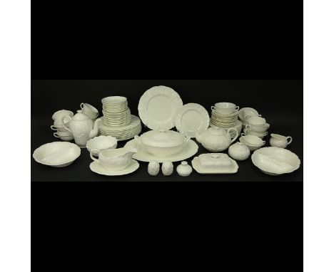 Ninety-Two (92) Piece Coalport White Countryware Dinner Service. All White, No Trim, Embossed Leaves. The set includes: 12 di