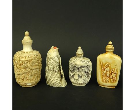 Grouping of Four (4) Chinese Carved Ivory Tableware. Includes: three snuff bottles and Koi fish figurine. All unsigned accept