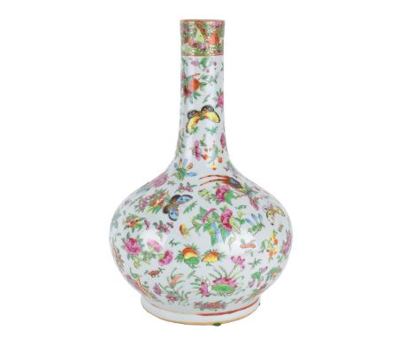 Chinese Export Porcelain Rose Medallion Vase. Bottle form depicting flowers and butterflies. Unsigned. Measures 13-7/8" H. Do