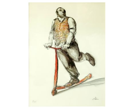 Francois Anton, French (b. 1944) Color Lithograph "Man On Scooter". Signed and numbered 64/275 in pencil. Measures 23" x 14-3