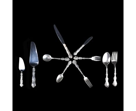 Ninety-nine (99) Pieces Gorham Strasbourg Silver Flatware. Includes: 12 forks 7-1/2", 10 forks 7", 12 salad forks, 24 teaspoo