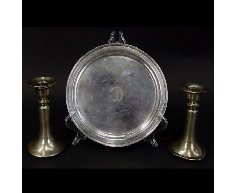 Grouping of Three (3) Sterling Silver Tableware. Includes: candlesticks (inscribed HLP) and 8" round dish. Each item appropri