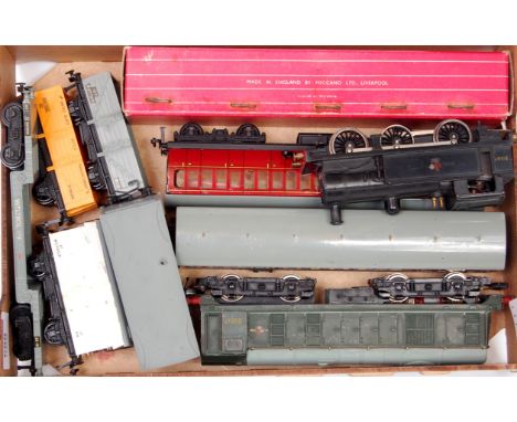 Two Hornby Dublo D14 suburban coaches, one with changed wheels (G), BR black 0-6-0 tank engine (G), Bo-Bo type 1 diesel locom