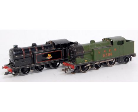 Postwar Hornby Dublo LNER 9596 tank engine and a similar BR gloss black No. 69567, both good for age (G)