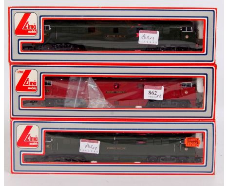 3 Lima Western diesel locomotives 'Western Gladiator' maroon and 2 'Western Pioneer' green (M-BM)