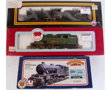 Dapol LMS 4-4-0 engine and tender (G-BF), an LNER green 0-6-2 tank engine (G-BG), and box only for Bachmann V1/3 tank engine 