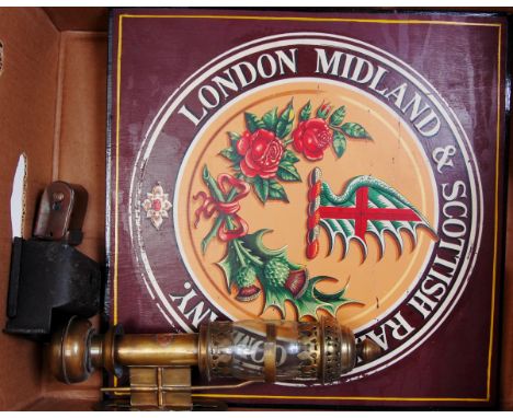 A London Midland & Scottish Railway carriage coach crest mounted on board backing together with GWR carriage light, may be re