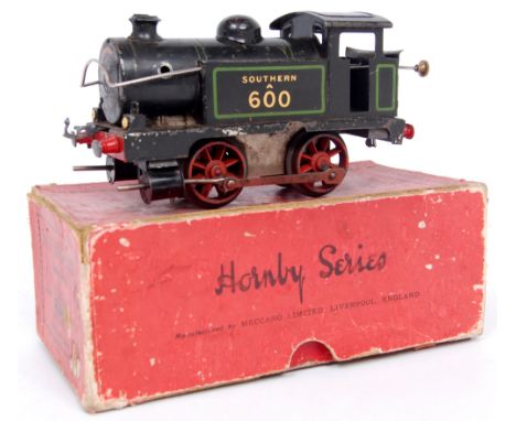 Hornby 1930 black SR clockwork 0-4-0 tank loco No. A600 various chips and scratches, missing boiler handrail knobs and hook t