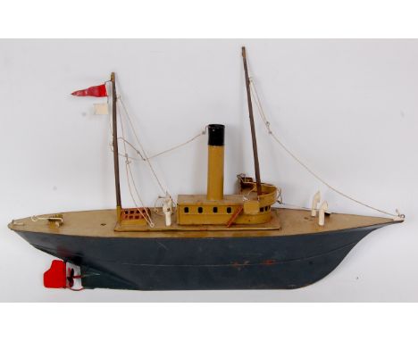 Unknown make, tinplate model of a Steam Motor Yacht, with single funnel, 2 masts, hand operated rudder, the tilt fastened sup