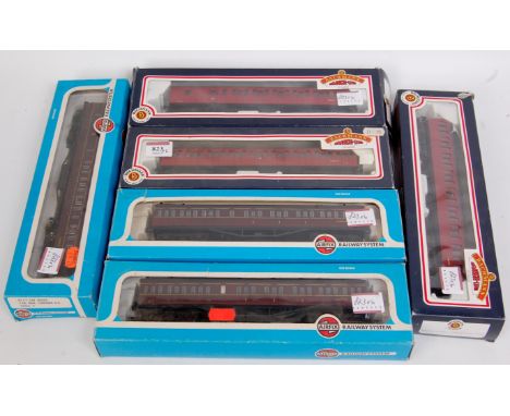 Bachmann 34-605, 34-606, and 34-628 BR Mk1 suburban coaches ER crimson livery (G-BG) together with Airfix 2x 54252 (one in wr