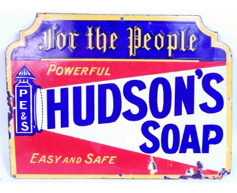 Early small enamel advertising sign 'Hudsons Soap', loss and corrosion to edges but sign has strong colour