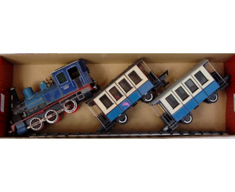 Faller battery operated 0-6-0 narrow gauge "0" gauge continental outline tank loco no. 3764 with 2 x blue and cream 4 wheel c