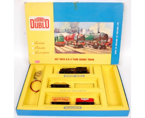 A Hornby Dublo 2016 0-6-2 tank goods set box containing a repainted 0-6-2 tank engine as LNER 2593 (GR) and 3 wagons 'Mobil',