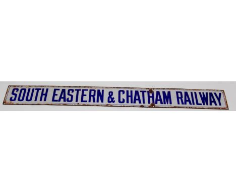 A pre-grouping quad royal enamel poster board heading sign South Eastern and Chatham Railway, some loss to edges due to age, 