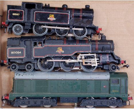 Hornby Dublo 3-rail gloss black 0-6-2 tank engine, 2-6-4 tank engine 80054, Bo-Bo type 1 diesel locomotive, all have varying 
