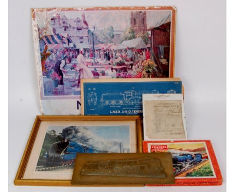 Tray containing NER ticket 1879, 4 cast wagon plates (one broken) Euston Station London cast plate, class A4 print Dominion o