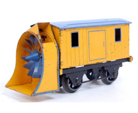 Hornby 1936-40 Snowplough - black standard base, yellow body, blue lined plough and roof, no lamp, fixed doors, left hand thr