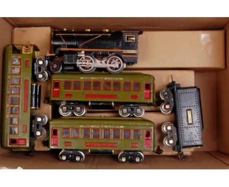Ives black 2-4-0 steam outline 3 rail loco no. 258 with roller pickups and eight wheel bogie Ives limes tender, missing one a